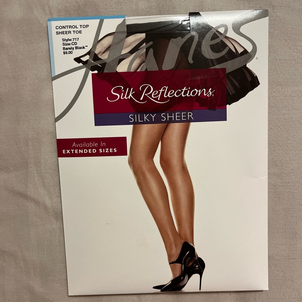 NIP Hanes Sheer Toe Pantyhose Silk Reflections Control Top Silky Sheer Black CD